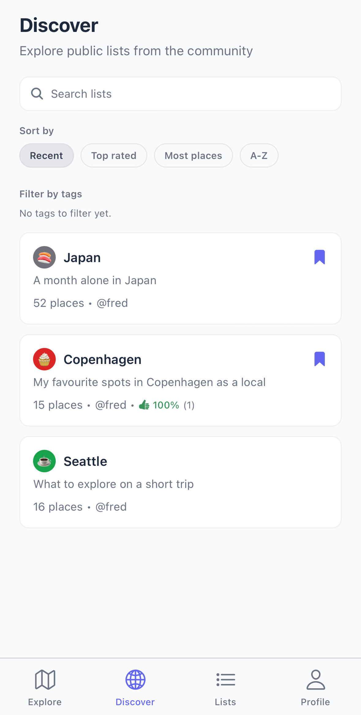 Discover tab showing public lists from the community